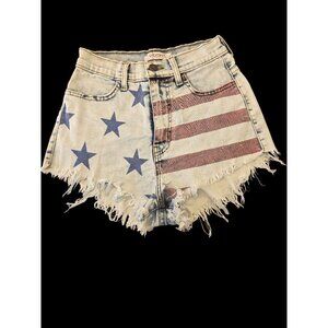 Vibrant MIU Distress Denim Cutoff Shorts Womens Sz S American Flag Stars Stripes